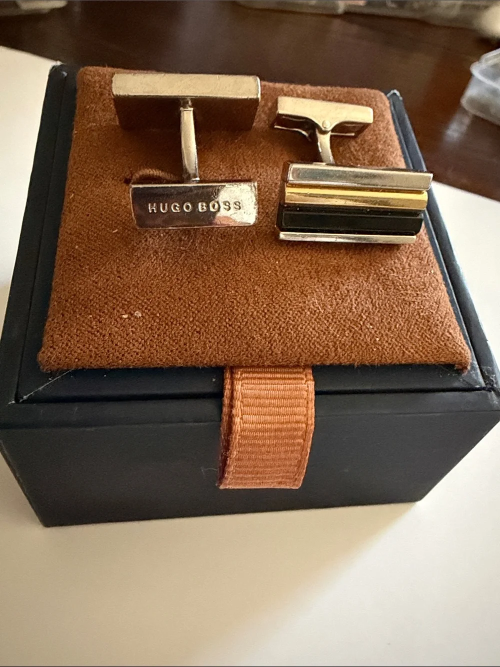 Hugo Boss Gold and Brown Striped Enamel Cufflinks